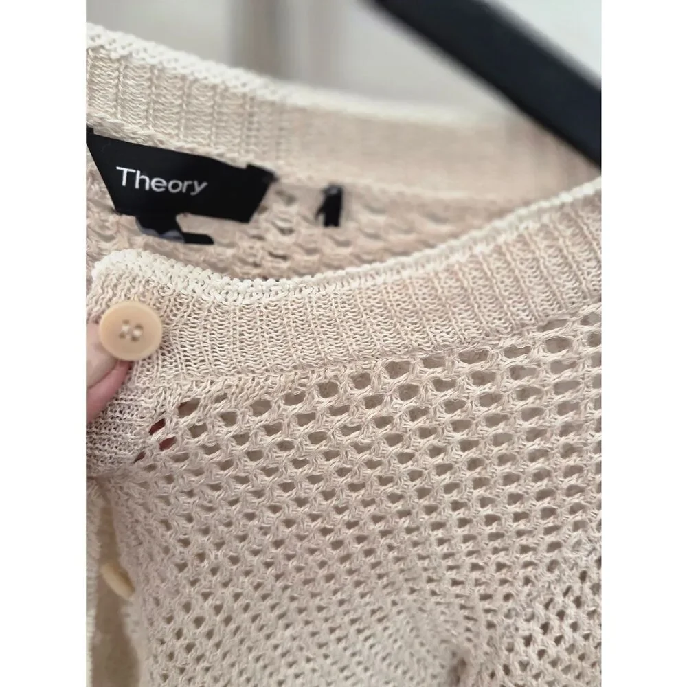 Theory Tamvi Crochet Cream Open-Weave Button Cardigan - Picture 3 of 6